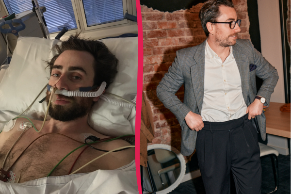 Picture of Henry in the hospital on the left and with his pants on the right